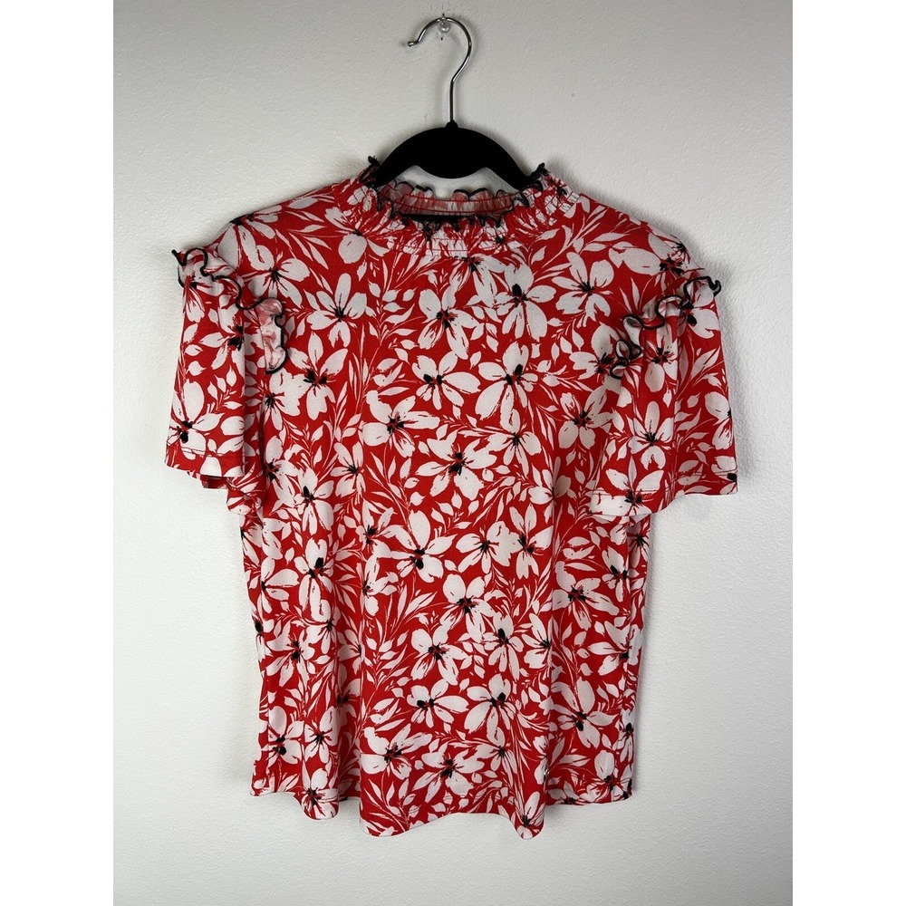 NWT Adrienne Women Coral Pink Short Sleeve Floral Mock Neck Blouse Small‎